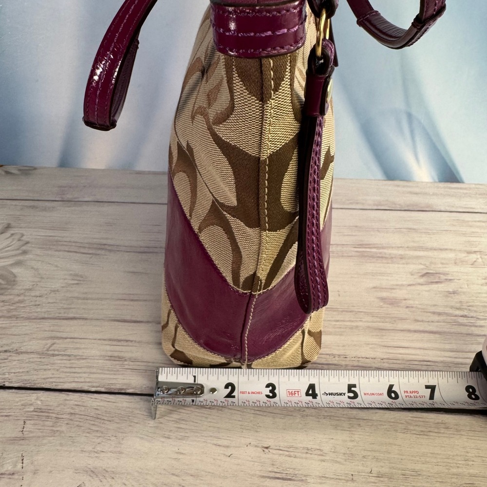 Coach Signature Stripe Tote Women Medium Khaki Purple Patent Leather 12429 Y2K - Picture 11 of 14